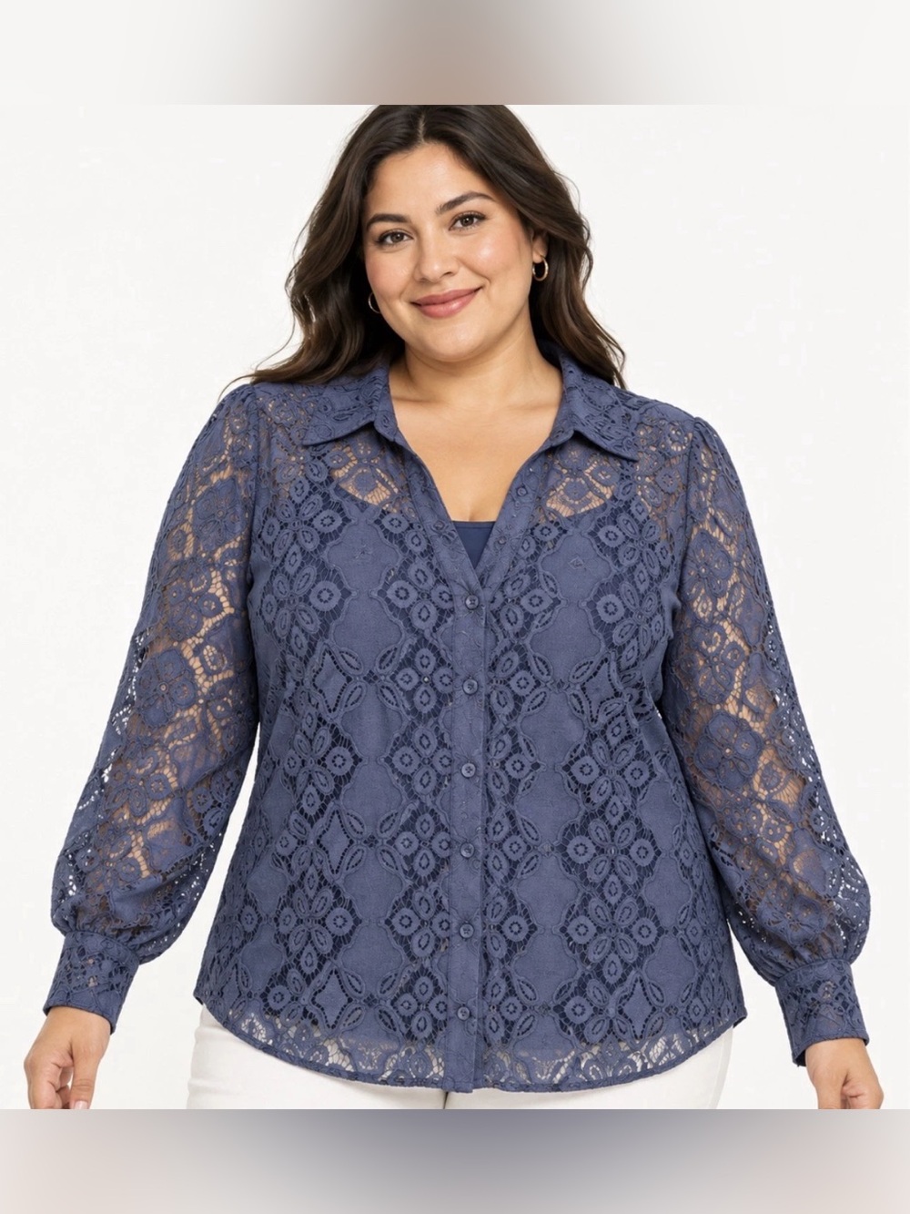 BEAUTIFUL Lawrence Zarian Lace Button Front Blouse Navy 2X A718271
